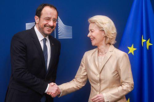 epa12829630 Cypriot President Nikos Christodoulides is welcomed by European Commission President Ursula von der Leyen ahead of a meeting at the European Commission headquarters in Brussels, Belgium, 18 March 2026, before the European Council summit. EU leaders are due to meet on 19-20 March to discuss the military escalation in the Middle East and the...