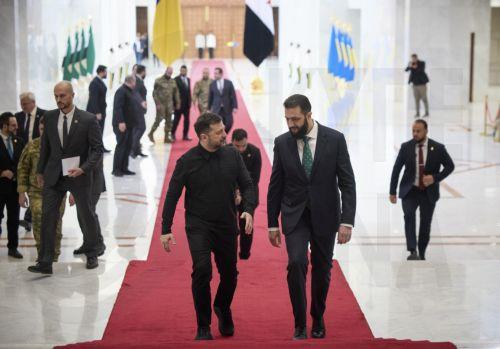 epa12870934 A handout photo made available by Presidential Press Service shows Ukrainian President Volodymyr Zelensky (L) and Syrian President Ahmed al-Sharaa (R) during their meeting in Damascus, Syria, 05 April 2026. Zelensky arrived in Syria for his first official visit to meet with top Syrian officials amid the ongoing Russian invasion to Ukraine. ...