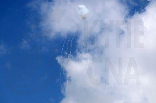 epa12877170 Israel's air defense systems intercept projectiles over Mitula in northern Israel, as seen from the upper Galilee, northern Israel, 09 April 2026. The Israeli military said it continued targeting operations of Hezbollah in southern Lebanon.  EPA/ATEF SAFADI