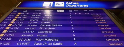epa12879838 An information screen for departures in Terminal 1 during a strike at the international airport at Frankfurt Airport, in Frankfurt am Main, Germany, 10 April 2026. The UFO cabin crew union has called on its members to strike, to press their demands for better wages.  EPA/RONALD WITTEK