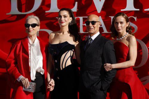 epa12907358 (L-R) Cast members Meryl Streep, Anne Hathaway, Stanley Tucci and Emily Blunt attend the European premiere of 'The Devil Wears Prada 2' at Cineworld Leicester Square & Vue West End in London, Britain, 22 April 2026. The film will be released in cinemas on 01 May 2026.  EPA/TOLGA AKMEN