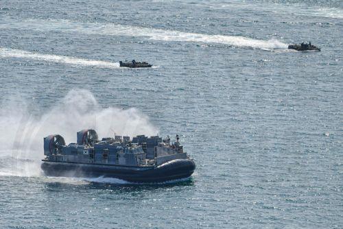 epa12916205 A handout photo made available by the South Korean Marine Corps Command shows KAAV amphibious assault vehicles and an LSF landing craft carrying Marines moving toward a beach in Pohang, about 270 kilometers southeast of Seoul, South Korea, 26 April 2026 (issued 27 April 2026). The Navy and Marine Corps launched a weeklong regular amphibious...