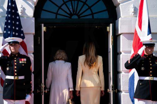 epaselect epa12918102 Queen Camilla (L), and First Lady Melania Trump (R) enter the White House in Washington, DC, USA, 27 April 2026. King Charles III and Queen Camilla are on a four-day state visit to the US that also includes engagements in New York and Virginia.  EPA/ALLISON ROBBERT/ POOL