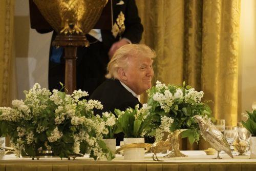 epa12920802 US President Donald Trump gestures as Britain's King Charles III delivers remarks during a State Dinner at the White House in Washington, DC, USA, 28 April 2026. The British royal couple is on a four-day state visit to the US as part of events marking the 250th anniversary of the Declaration of Independence.  EPA/CRAIG HUDSON / POOL