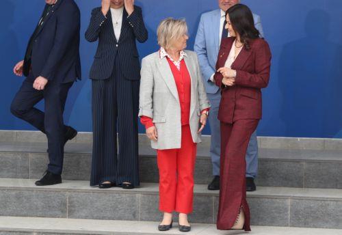 epa12931645 Chair of the Committee on Agriculture and Rural Development Veronika Vrecionova (L) and Cypriot Minister of Agriculture, Rural Development and Environment Maria Panayiotou (R) prepare for a family photo after the informal meeting of EU ministers for agriculture in Lefkosia, Cyprus, 04 May 2026. Agriculture Ministers, EU Officials and...