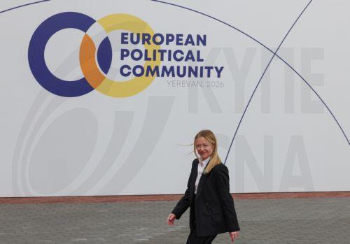 epa12931747 Italy's Prime Minister Giorgia Meloni arrives for a meeting of the European Political Community in Yerevan, Armenia, 04 May 2026. The summit is taking place in the Armenian capital, with topics including European security in the context of economics and energy.  EPA/HAYK BAGHDASARYAN