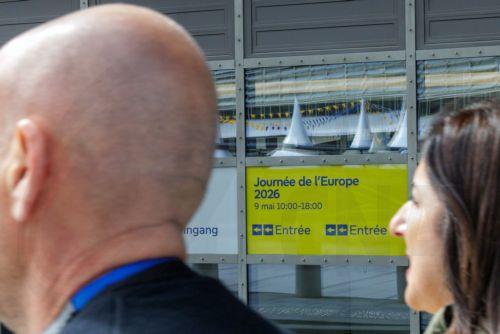epa12938733 Banners promote May 9 Europe Day, in front of the European Council in Brussels, Belgium, 07 May 2026.  EPA/OLIVIER MATTHYS