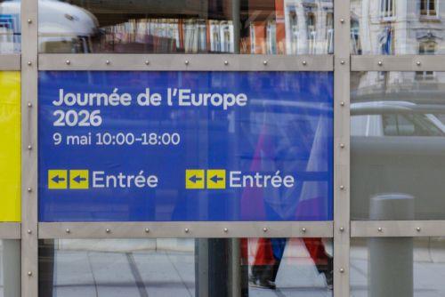 epa12938736 Banners promote May 9 Europe Day, in front of the European Council in Brussels, Belgium, 07 May 2026.  EPA/OLIVIER MATTHYS
