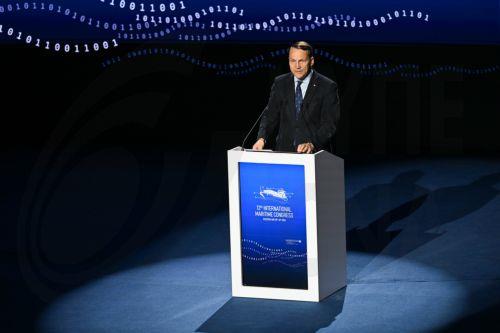 epa12952942 Polish Deputy Prime Minister, Minister of Foreign Affairs Radoslaw Sikorski speaks at the inaugural conversation 'Europe on a strategic course - security, sovereignty and the future of economic cooperation' during the opening of the 12th International Maritime Congress at the Polish Theatre in Szczecin, north-western Poland, 13 May 2026. For two...