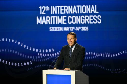 epa12952947 Polish Deputy Prime Minister, Minister of Foreign Affairs Radoslaw Sikorski speaks at the inaugural conversation 'Europe on a strategic course - security, sovereignty and the future of economic cooperation' during the opening of the 12th International Maritime Congress at the Polish Theatre in Szczecin, north-western Poland, 13 May 2026. For two...