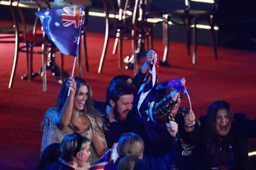 epa12958528 Delta Goodrem of Australia celebrates during the second semi-final of the 70th Eurovision Song Contest (ESC) in Vienna, Austria, 14 May 2026. The grand final of the ESC 2026 is scheduled for 16 May.  EPA/HANNIBAL HANSCHKE