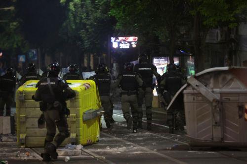epa12988447 Riot police officers take positions after a mass student-led anti-government rally in Belgrade, Serbia, 23 May 2026. Thousands gathered to ramp up pressure on the government and demand early parliamentary elections. The political movement originally erupted across the country following the November 2024 canopy collapse at the Novi Sad railway...