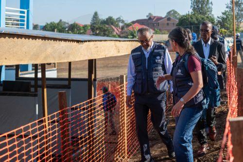 epa13006210 World Health Organization (WHO) Director-General Tedros Adhanom Ghebreyesus (L) visits a renovated building designed for the treatment of Ebola virus patients in Bunia, Ituri, Democratic Republic of Congo, 31 May 2026. According to WHO, the Bundibugyo virus disease (BVD) outbreak in the Democratic Republic of the Congo and Uganda continues to...