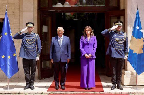 epa13012918 Acting Kosovo President Albulena Haxhiu (R) welcomes European Council President Antonio Costa (L) in Pristina, Kosovo, 03 June 2026. European Council President Costa is on an official visit to Kosovo as a part of his tour of the Western Balkan countries.  EPA/GEORGI LICOVSKI
