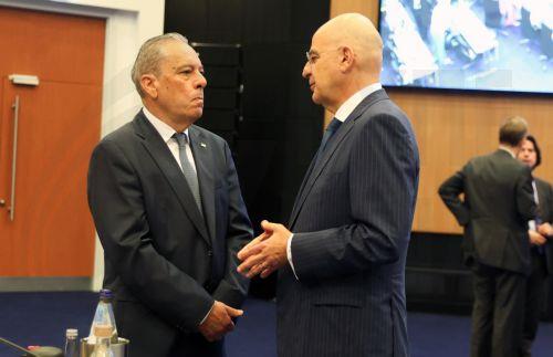 epa13023891 Cypriot Minister of Defense Vasilis Palmas (L) and Greek Minister of Defense Nikos Dendias (R) talk at the informal meeting of defense ministers in Lefkosia, Cyprus, 08 June 2026. The informal Foreign Affairs Council (Defense) brings together defense ministers of the European Union (EU) to discuss topics under the Common Security and Defence...
