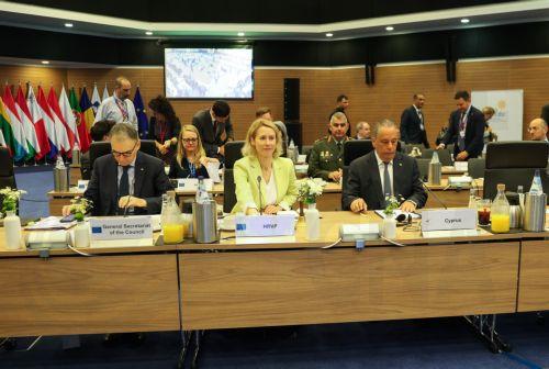 epa13023902 Cypriot Minister of Defense Vasilis Palmas (R) and Kaja Kallas (C), High Representative of the European Union for Foreign Affairs and Security Policy, attend the informal meeting of defense ministers in Lefkosia, Cyprus, 08 June 2026. The informal Foreign Affairs Council (Defense) brings together defense ministers of the European Union (EU) to...