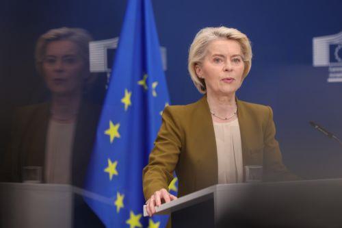 epa13025867 European Commission President Ursula von der Leyen delivers a press statement on the European Union's proposed 21st package of sanctions against Russia in Brussels, Belgium, 09 June 2026. The proposed measures are expected to target Russia's energy revenues, financial sector, military-industrial complex, and sanctions circumvention networks as...
