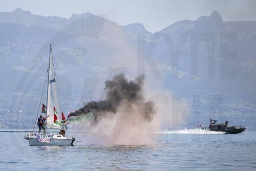 epa13034265 Boats from the Gaza Freedom Flotilla participate in the rally 'The G7 Can stop the Genocide' on Lake Geneva ahead of the upcoming G7 summit, off the coast of Lausanne, Switzerland, 13 June 2026. The summit will be held in Evian-les-Bains, France, near the Swiss border, from 15 to 17 June 2026.  EPA/JEAN-CHRISTOPHE BOTT