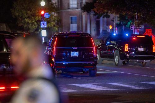 epa13035729 A motorcycle leads the motorcade of US President Donald Trump as it arrives at the White House in Washington, D.C., USA, 13 June 2026, just hours before his 80th birthday.  EPA/Matt Kaminsky