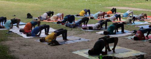 epa13040434 People attend a mass yoga session ahead of the 12th International Yoga Day in Kolkata, India, 16 June 2026. The 'International Day of Yoga' is celebrated annually on 21 June and has been recognized worldwide since 2015. The United Nations declared yoga a practice of physical, mental, and spiritual exercise originating in ancient India. This...