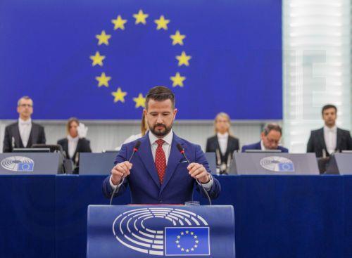 epa13040982 President of Montenegro Jakov Milatovic addresses the European Parliament in Strasbourg, France, 16 June 2026.  EPA/OLIVIER MATTHYS