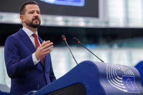 epa13040983 President of Montenegro Jakov Milatovic addresses the European Parliament in Strasbourg, France, 16 June 2026.  EPA/OLIVIER MATTHYS