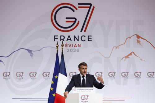 epa13044470 French President Emmanuel Macron attends a press conference at the Hotel Royal during the G7 summit in Evian-les-Bains, France, 17 June 2026. The 52nd G7 Summit takes place in Evian-les-Bains from 15 to 17 June 2026.  EPA/YOAN VALAT