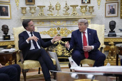 epa13062055 US President Donald Trump (R) meets with Mark Rutte (L), Secretary General of the North Atlantic Treaty Organization (NATO), in the Oval Office of the White House in Washington, DC, USA, 24 June 2026.  EPA/YURI GRIPAS / POOL