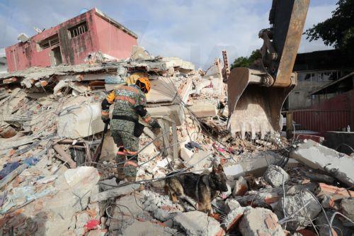 epa13068183 A Mexican Army rescue worker and his dog work in a building damaged by an earthquake in La Guaira, Venezuela, 26 June 2026. Venezuelan Interior Minister Diosdado Cabello announced that access to La Guaira state, the area hardest hit by the earthquakes, will be restricted starting at 20:00 local time (00:00 GMT on 27 June).  EPA/Ronald Pena R