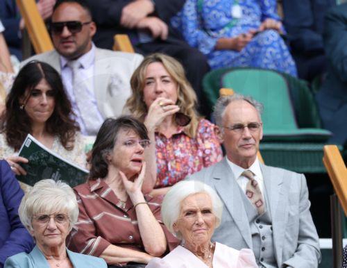 epa13072521 (L-R front row) Sandra Beckham and Mary Berry and (2nd row L-R) Lisa Barnard and Mark Rylance in the Royal Box at the Men's Singles first round match between Jannik Sinner and Momir Kecmanovic at the Wimbledon Championships in London, Britain, 29 June 2026.  EPA/ADAM VAUGHAN