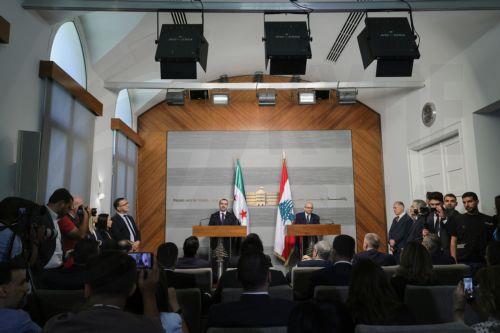 epa13079828 Syrian Minister of Foreign Affairs Asaad Al Shaibani (L) speaks during a joint press conference with Lebanese Prime Minister Nawaf Salam (R) following their meeting at the Government Palace in Beirut, Lebanon, 02 July 2026. Shaibani is on an official visit to Beirut to meet Lebanon's leaders.  EPA/WAEL HAMZEH