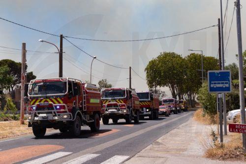 epa13080066 Fire engines arrive to help in extinguishing a wildfire burning in Sainte-Valiere, Aude department, southern France, 02 July 2026. A large wildfire has been raging in southern France since 01 July, forcing scores of people to be evacuated, emergency services said.  EPA/CHLOE REULET