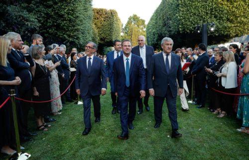 epa13081414 (L-R) Italian Senate President Ignazio La Russa, Italian Minister of Sustainable Infrastructure and Mobility Matteo Salvini, US Ambassador to Italy and San Marino Tilman Fertitta,  Italian Minister of Defence Guido Crosetto, and Italy's Minister for Foreign Affairs Antonio Tajani attend an event at Villa Taverna, the US ambassador's residence,...