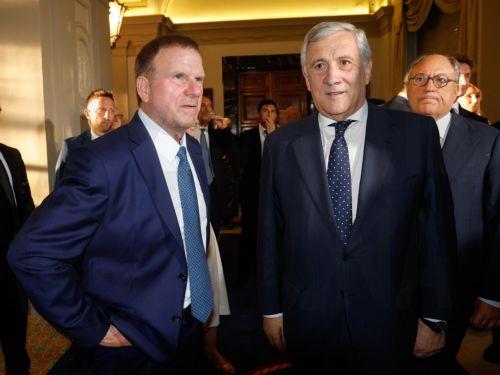 epa13081416 Italy's Minister for Foreign Affairs Antonio Tajani (R) and US Ambassador to Italy and San Marino Tilman Fertitta (L) attend an event at Villa Taverna, the US ambassador's residence, to celebrate the upcoming US Independence Day, in Rome, Italy, 02 July 2026.  EPA/GIUSEPPE LAMI