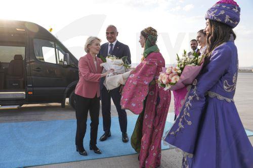epa13092284 European Commission President Ursula von der Leyen (L) is welcomed by Turkish Minister of Culture and Tourism, Mehmet Nuri Ersoy (C), at Esenboga Airport ahead of the 36th NATO Heads of State and Government Summit in Ankara, Turkiye, 06 July 2026. The summit will take place on 07–08 July, focusing on strengthening defense industrial production...