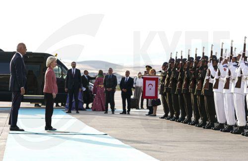 epa13092327 European Commission President Ursula von der Leyen (C) is welcomed by Turkish Minister of Culture and Tourism, Mehmet Nuri Ersoy (L), at Esenboga Airport ahead of the 36th NATO Heads of State and Government Summit in Ankara, Turkiye, 06 July 2026. The summit will take place on 07–08 July, focusing on strengthening defense industrial production...