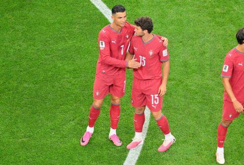 epa13092531 Cristiano Ronaldo of Portugal (L) and Joao Neves of Portugal react during the FIFA World Cup 2026 Round of 16 match Portugal against Spain, in Dallas, USA, 06 July 2026.  EPA/SAM WASSON