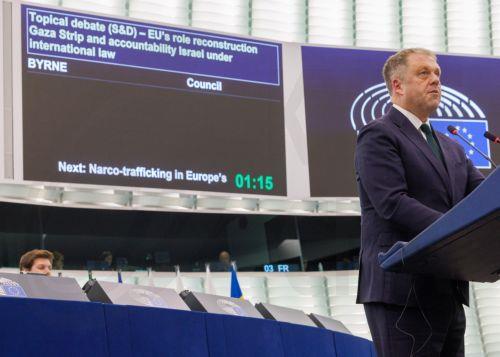epa13097965 Irish Minister of State Thomas Byrne speaks during the Topical debate requested by a political group (S&D) (Rule 169) onThe EU’s role in the reconstruction of the Gaza Strip and the accountability of Israel under international law during the European Parliament session in Strasbourg, France, 08 July 2026.  EPA/OLIVIER MATTHYS