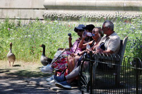 epa13098182 People sit in the shade at St.James's Park in London, Britain, 08 July 2026. Amber and yellow heat-health alerts are in place across England as the UK braces for one of the longest-lasting heatwaves for fifty years. Temperatures may rise as high as 35 degrees Celsius for parts of southern England this week.  EPA/ANDY RAIN