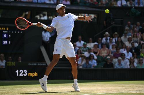 epa13098275 Flavio Cobolli of Italy in action during his Men's Singles quarter-final match against Arthur Fery of Britain at the Wimbledon Championships in London, Britain, 08 July 2026.  EPA/DANIEL HAMBURY
