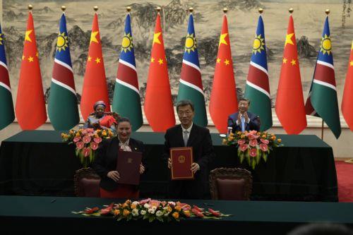 epa13102438 Namibian President Netumbo Nandi-Ndaitwah (L) and Chinese President Xi Jinping applaud as representatives from both countries exchange documents during a signing ceremony at the Great Hall of the People in Beijing, China, 10 July 2026.  EPA/NG HAN GUAN / POOL