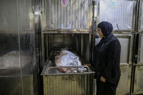 epa13124413 A Palestinian relative of the Al-Masri family mourns near one of their bodies in the morgue of Al-Shifa Hospital, in Gaza City, Gaza Strip, 21 July 2026. Firas Al-Masri, his wife, Salsabil, and their four children were killed in Gaza City, when the Israeli army targeted their home with a drone early 21 July, according to the Gaza Ministry of...