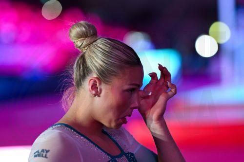 epa13135864 Ruby Pass of Australia reacts after competing in the Artistic Gymnastics Women’s Uneven Bars Final during the Glasgow 2026 Commonwealth Games at the Glasgow International Arena in Glasgow, Britain, 27 July 2026.  EPA/LUKAS COCH AUSTRALIA AND NEW ZEALAND OUT