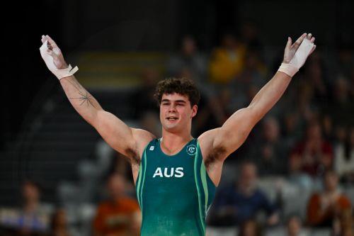 epa13135932 James Hardy of Australia reacts after competing in the Artistic Gymnastics Men’s Rings Final during the Glasgow 2026 Commonwealth Games at the Glasgow International Arena in Glasgow, Britain, 27 July 2026.  EPA/LUKAS COCH AUSTRALIA AND NEW ZEALAND OUT