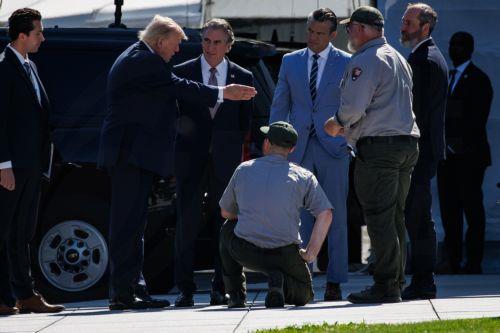 epa13144161 US President Donald Trump (C-L) inspects some of the restoration work being done on the White House with US Secretary of the Interior Doug Burgum (C-R) before departing for Camp David, in Washington, D.C., USA, 31 July 2026. Trump is holding a cabinet meeting at Camp David before heading to his private golf course in Bedminster, New Jersey where...