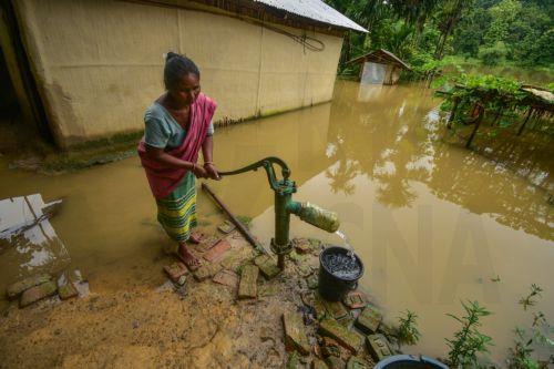 epa13151281 A woman fetches water from a partially submerged hand pump in a flood-affected village following heavy monsoon rains in Kalapani village, Nagaon district, Assam, India, 05 August 2026. According to the Assam State Disaster Management Authority (ASDMA), the death toll from severe flooding in the north-eastern state of Assam has risen to 89, with...