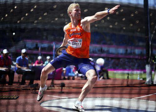 epa13166362 Jip de Greef of the Netherlands competes in the Men's Decathlon Discus Throw at the European Athletics Championships Birmingham 2026, in Birmingham, Britain, 13 August 2026.  EPA/TOLGA AKMEN