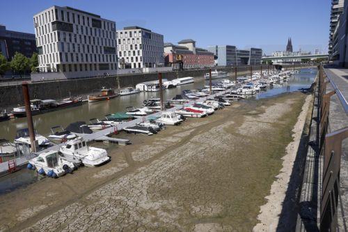 epa13166385 A view of the Rheinau Harbor near the Rhine River with low water levels in Cologne, Germany, 13 August 2026. The Rhine River's discharge has dropped to historic lows at key measuring points due to heatwaves and severe drought.  EPA/CHRISTOPHER NEUNDORF