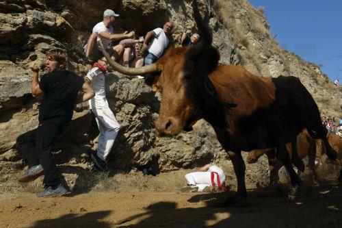 epa13175342 'Mozos,' or runners, take part in the traditional running of the bulls in Falces, Navarra, Spain, 17 August 2026.  EPA/JESUS DIGES