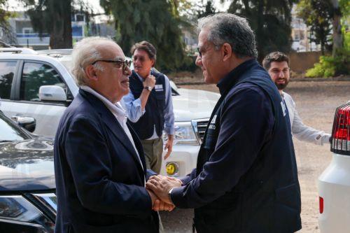 epa13180353 Lebanese Culture Minister Ghassan Salame (L) shakes hands with UNESCO Director General Khaled El-Enany (R) during his visit to the al-Bass ruins district, in Tyre, southern Lebanon, 20 August 2026. Israeli air strikes have hit areas in the ruins district and near the ancient Roman hippodrome during the conflict between Israel and Hezbollah,...